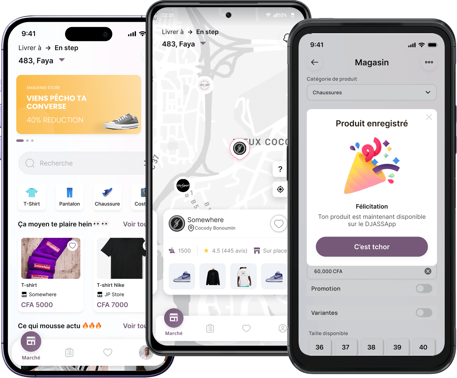 Aperçus de l'application DJASSApp sur trois smartphones